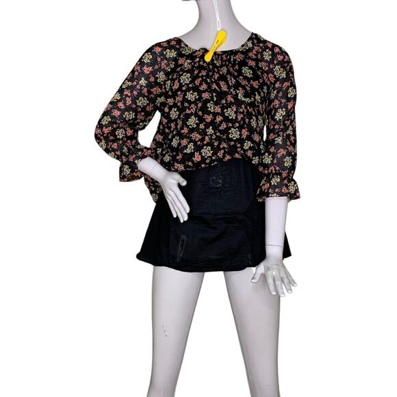 Free People Chiffon Baby Doll Dress Floral 3/4 Sleeve Size 0 Black and R… - Picture 10 of 14